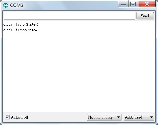 最簡單的按鈕(pushButton)-Serial Monitor視窗觀察到按鈕被按下