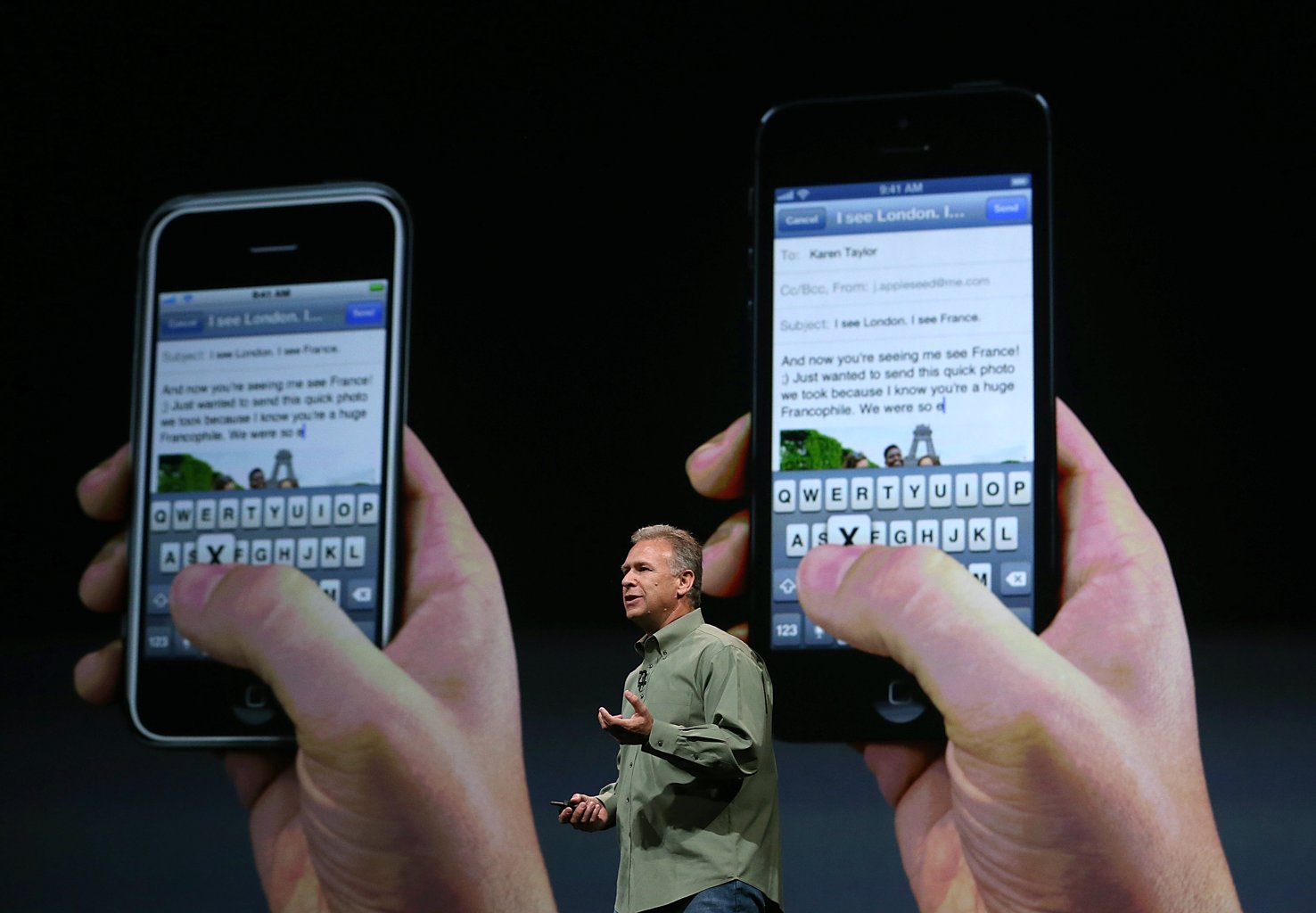 SAN FRANCISCO, CA - SEPTEMBER 12: Apple Senior Vice President of Worldwide product marketing Phil Schiller announces the new iPhone 5 during an Apple special event at the Yerba Buena Center for the Arts on September 12, 2012 in San Francisco, California. Apple announced the iPhone 5, the latest version of the popular smart phone. (Photo by Justin Sullivan/Getty Images) 