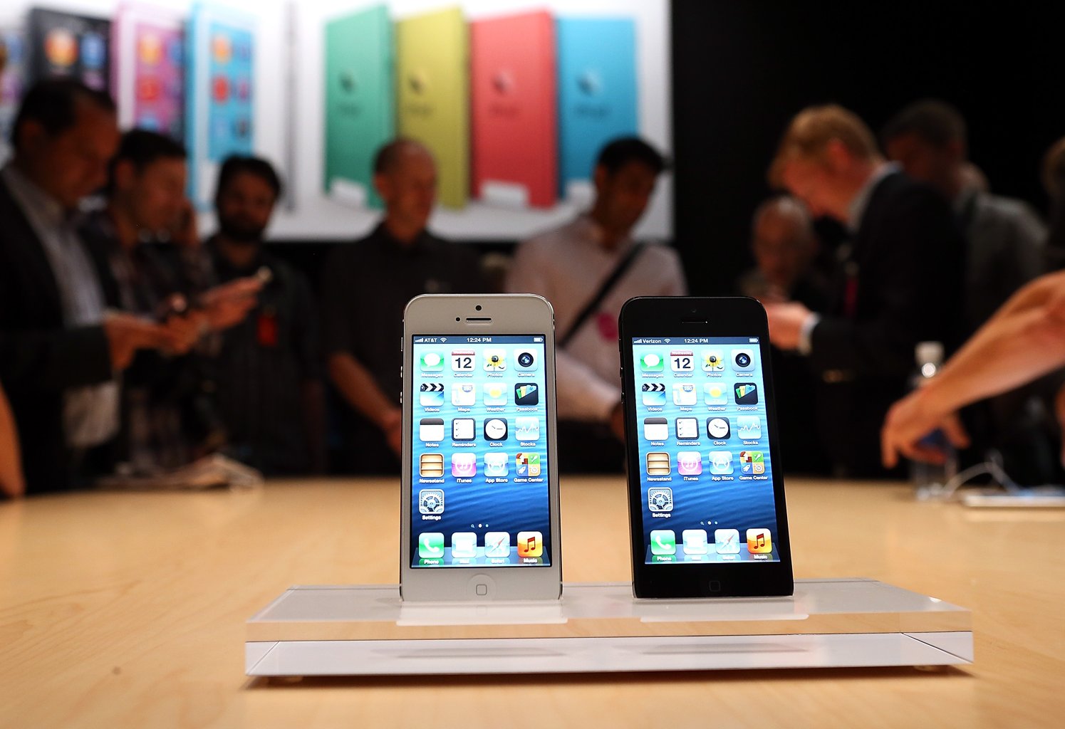 The new iPhone 5 is displayed during an Apple special event at the Yerba Buena Center for the Arts on September 12, 2012 in San Francisco, California. Apple announced the iPhone 5, the latest version of the popular smart phone as well as new updated versions of the iPod Nano, Shuffle and Touch. (Photo by Justin Sullivan/Getty Images)
