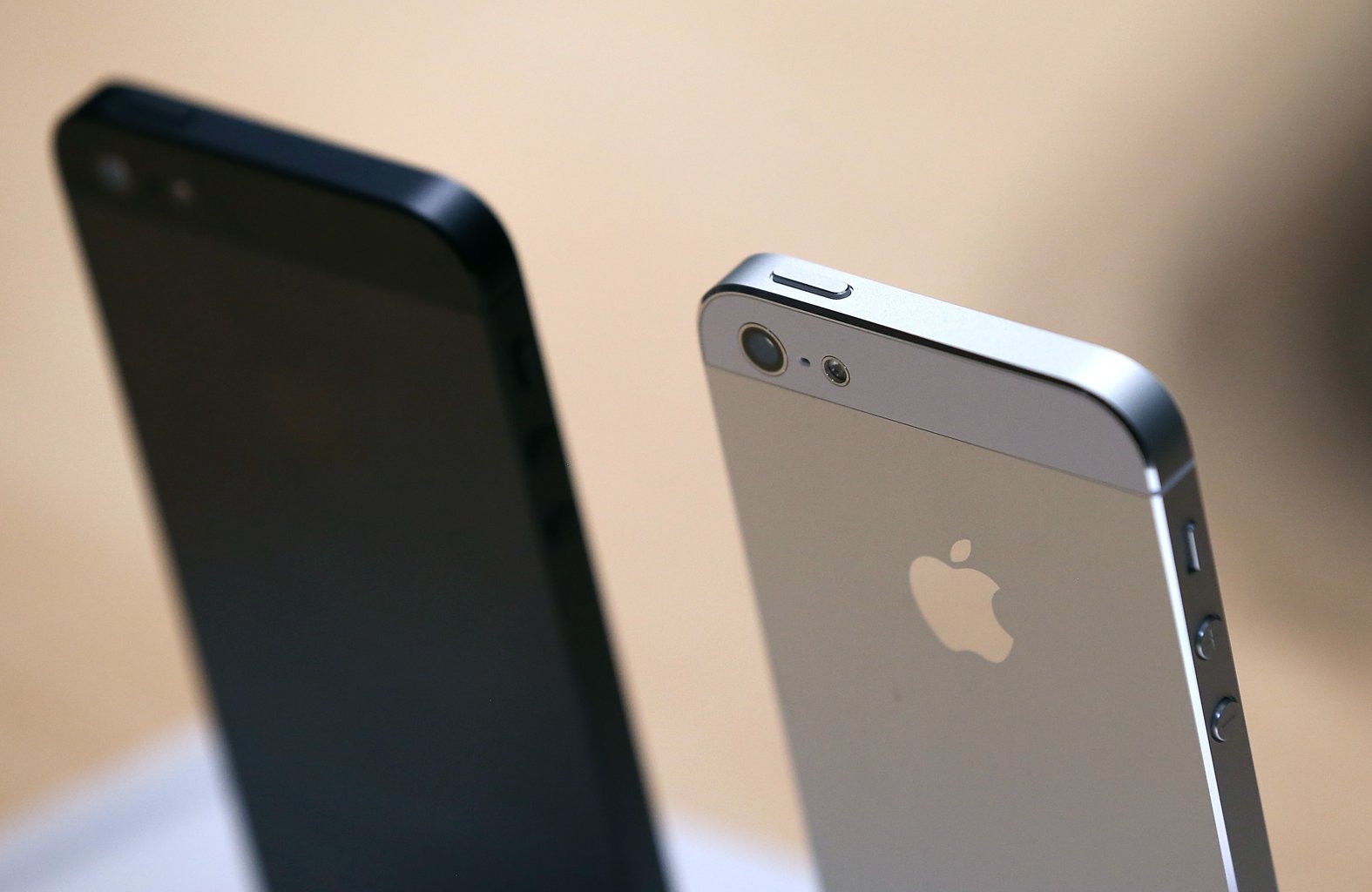 The new iPhone 5 is displayed during an Apple special event at the Yerba Buena Center for the Arts on September 12, 2012 in San Francisco, California. Apple announced the iPhone 5, the latest version of the popular smart phone as well as new updated versions of the iPod Nano, Shuffle and Touch. (Photo by Justin Sullivan/Getty Images)