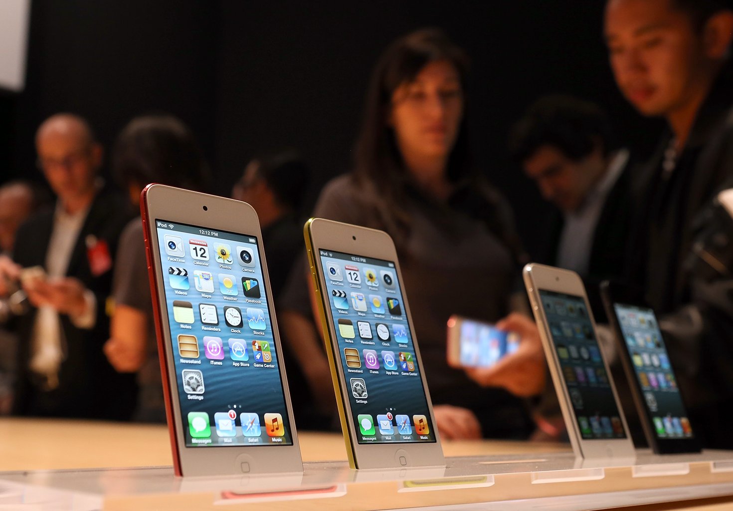 The new iPod Touch is displayed during an Apple special event at the Yerba Buena Center for the Arts on September 12, 2012 in San Francisco, California. Apple announced the iPhone 5, the latest version of the popular smart phone as well as new updated versions of the iPod Nano, Shuffle and Touch. (Photo by Justin Sullivan/Getty Images)