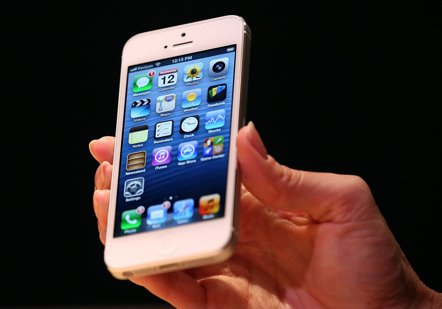 The new iPhone 5 is displayed during an Apple special event at the Yerba Buena Center for the Arts on September 12, 2012 in San Francisco, California. Apple announced the iPhone 5, the latest version of the popular smart phone as well as new updated versions of the iPod Nano, Shuffle and Touch. (Photo by Justin Sullivan/Getty Images)