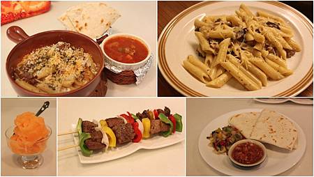 奶油磨菇培根斜管麵+墨西哥串燒牛肉捲餅佐莎莎醬+羅宋湯+哈蜜瓜冰沙