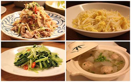 竹筍炒蛋+炒油菜+涼拌薄片西瓜皮+菜頭貢丸湯