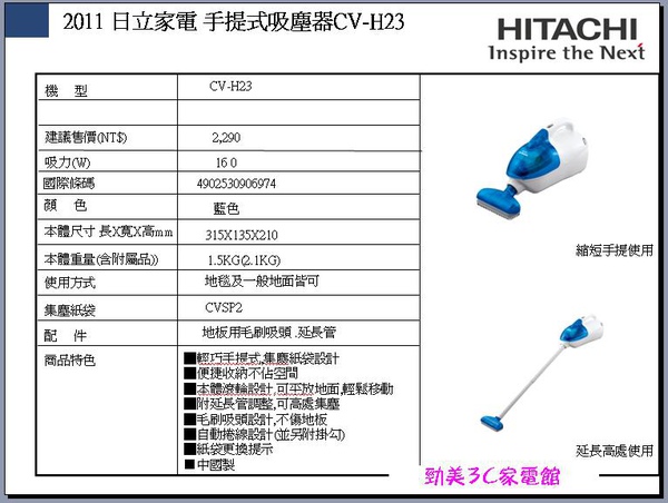 日立手提吸塵器CV-H23