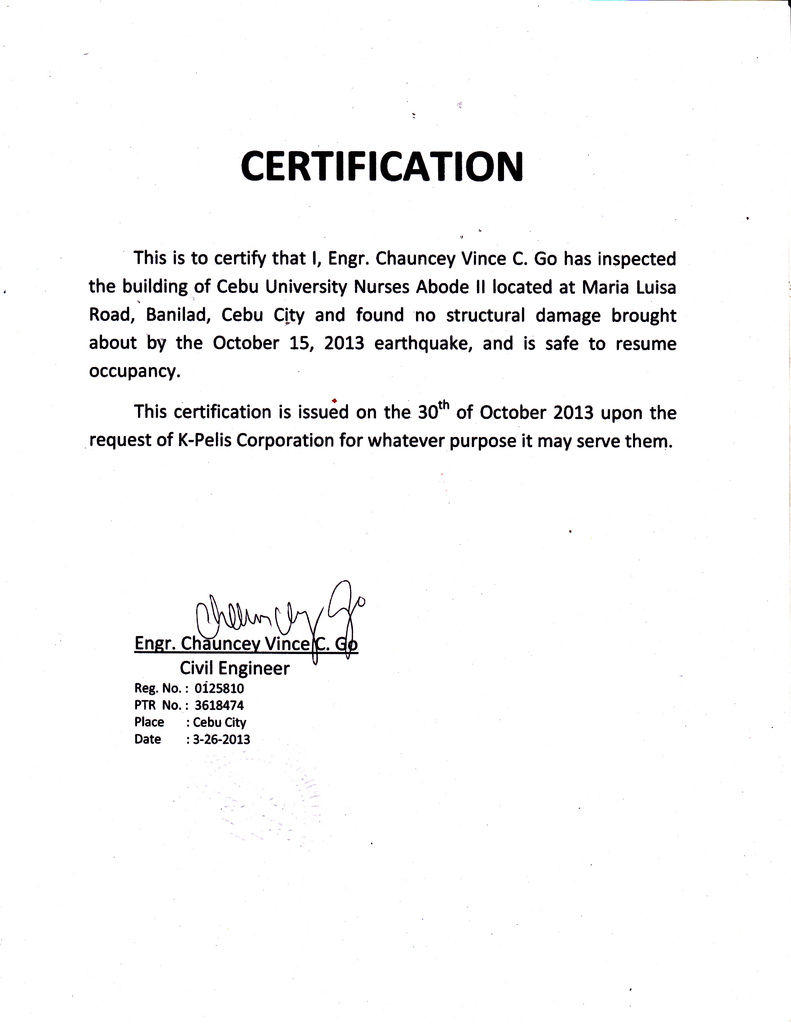 certificate for satety of PELIS