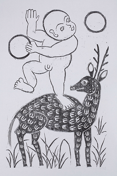 王午-寶島嬰戲-綠草花鹿‧2010‧水印木刻.宣紙‧95x60cm