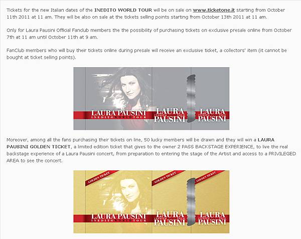 Exclusive Ticket & Pausini Golden Ticket