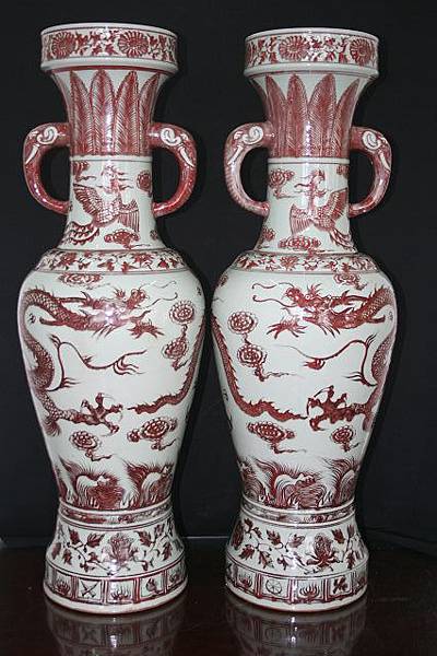 中国古美術 元代 青花釉里紅 龍紋 捏花如意紋 蓋付梅瓶 陶器花瓶 古