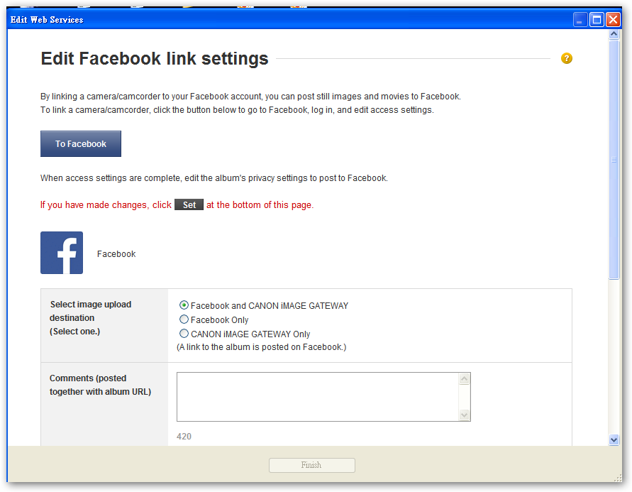 Canon EOS 70D Wifi 上傳到 Facebook this function cannot be used because your country/region is not supported by the Canon Image Getaway service