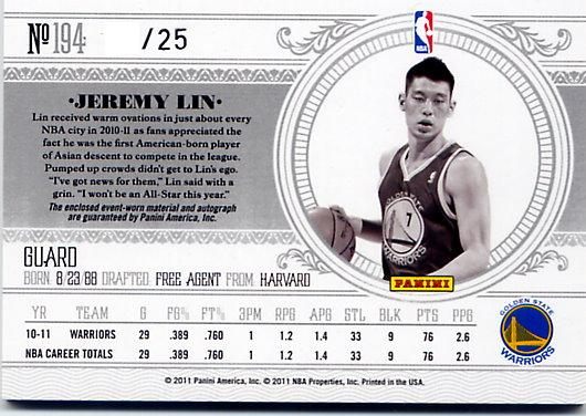 林書豪 National Treasures Jeremy Lin RC auto Prime 25 金版 簽名球卡 簽名卡 球衣2