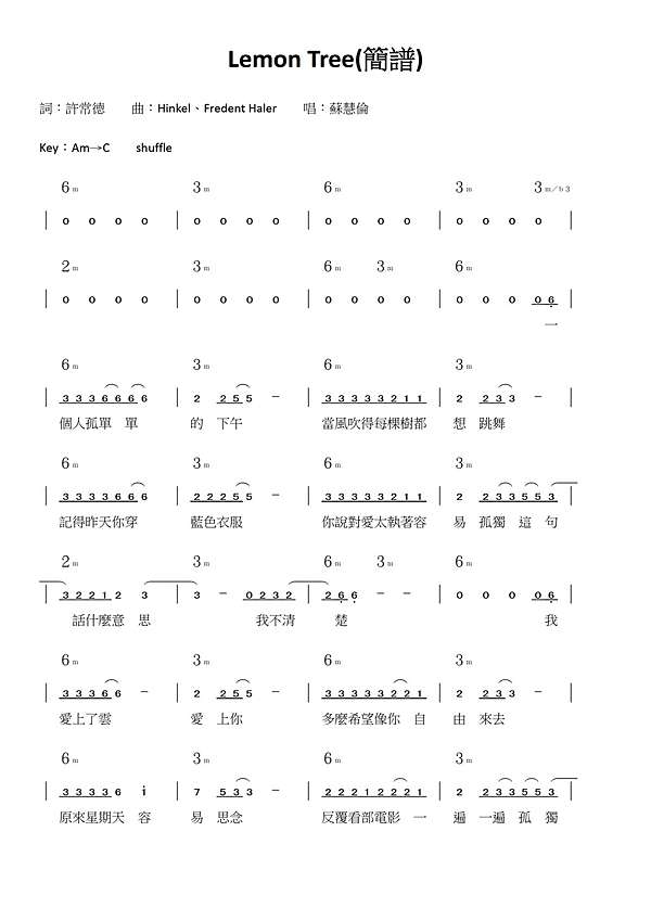 47 Lemon Tree 簡譜 台南吉他教學 樓奐廷 小樓 老師的木吉他教學網誌 痞客邦