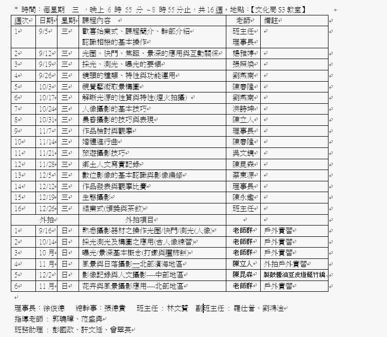 新竹縣文化局第39期攝影初級研習班課程表