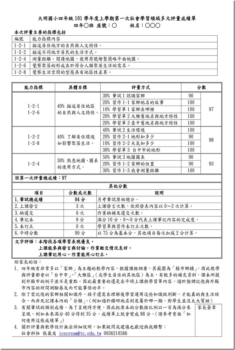 101四上第1次多元評量成績單_範例_02 101四上第1次多元評量成績單_範例_02
