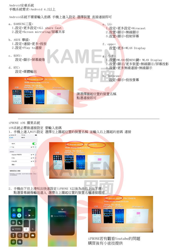 KAMEN MPT5 AnyCast最新版iOS 安卓 免切換 手機電視棒 無線影音同屏器