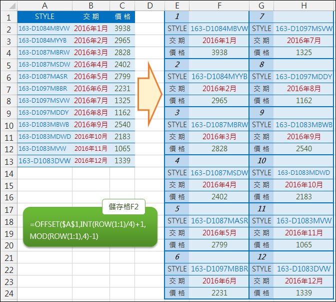 Excel-一列轉多列(OFFSET,INT,MOD,ROW) Excel-一列轉多列(OFFSET,INT,MOD,ROW)