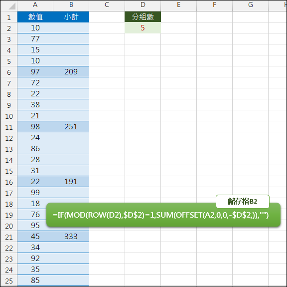 Excel-取固定數量小計(OFFSET,ROW,MOD) Excel-取固定數量小計(OFFSET,ROW,MOD)