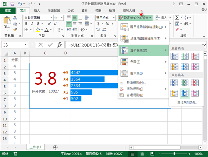 Excel-由分數清單計算加權平均並在儲存格中繪製橫條圖 Excel-由分數清單計算加權平均並在儲存格中繪製橫條圖