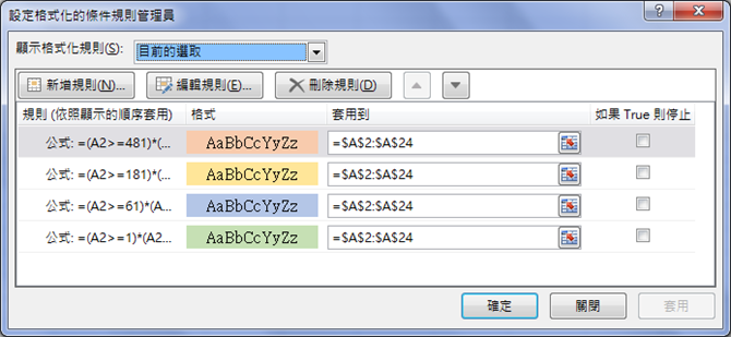 Excel-根據多個數值範圍設定不同底色 Excel-根據多個數值範圍設定不同底色