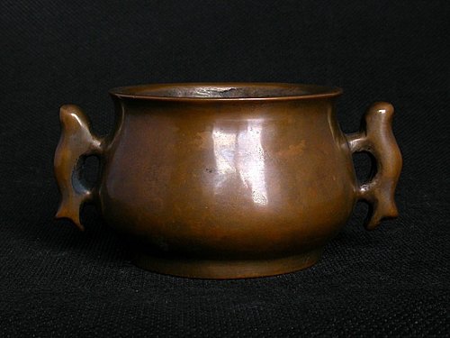 CK720 時代物【永世之宝款（永世之寳）】老銅双魚耳炉・銅双耳香炉・銅香炉・銅香爐・古銅製香炉 重量452g