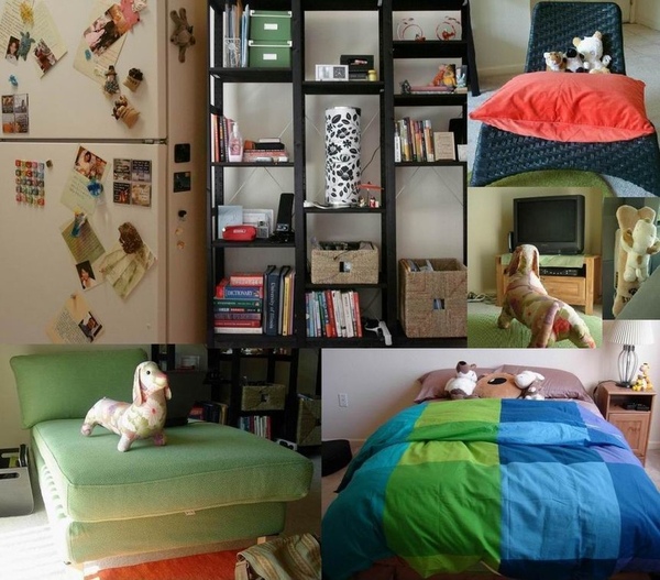 按順時鐘方向先內後外:繽紛的冰箱;有個性的大書架;黑色的easy chair;站在chaise上看電視的狗狗;Snoopy安全帶套;我的床與床伴;傳說中的chaise