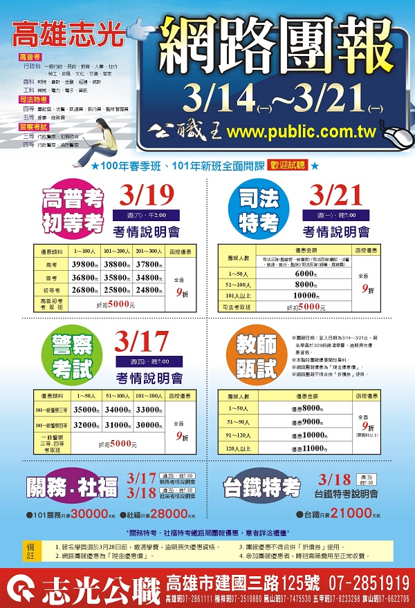 高雄志光3/14~3/21網路團報大特惠