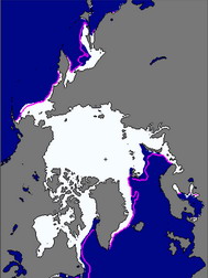 美國國家冰雪資料中心(NSIDC)指出,2010年1月份,北極海冰塊每天增加3萬4,000平方公里,低於21世紀前10年的平均速度。冬季北極海冰薄,意味著春夏恐加速融冰。(圖:NSIDC網站) 美國國家冰雪資料中心(NSIDC)指出,2010年1月份,北極海冰塊每天增加3萬4,000平方公里,低於21世紀前10年的平均速度。冬季北極海冰薄,意味著春夏恐加速融冰。(圖:NSIDC網站)