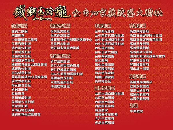 鐵獅玉玲瓏 上映戲院一覽表