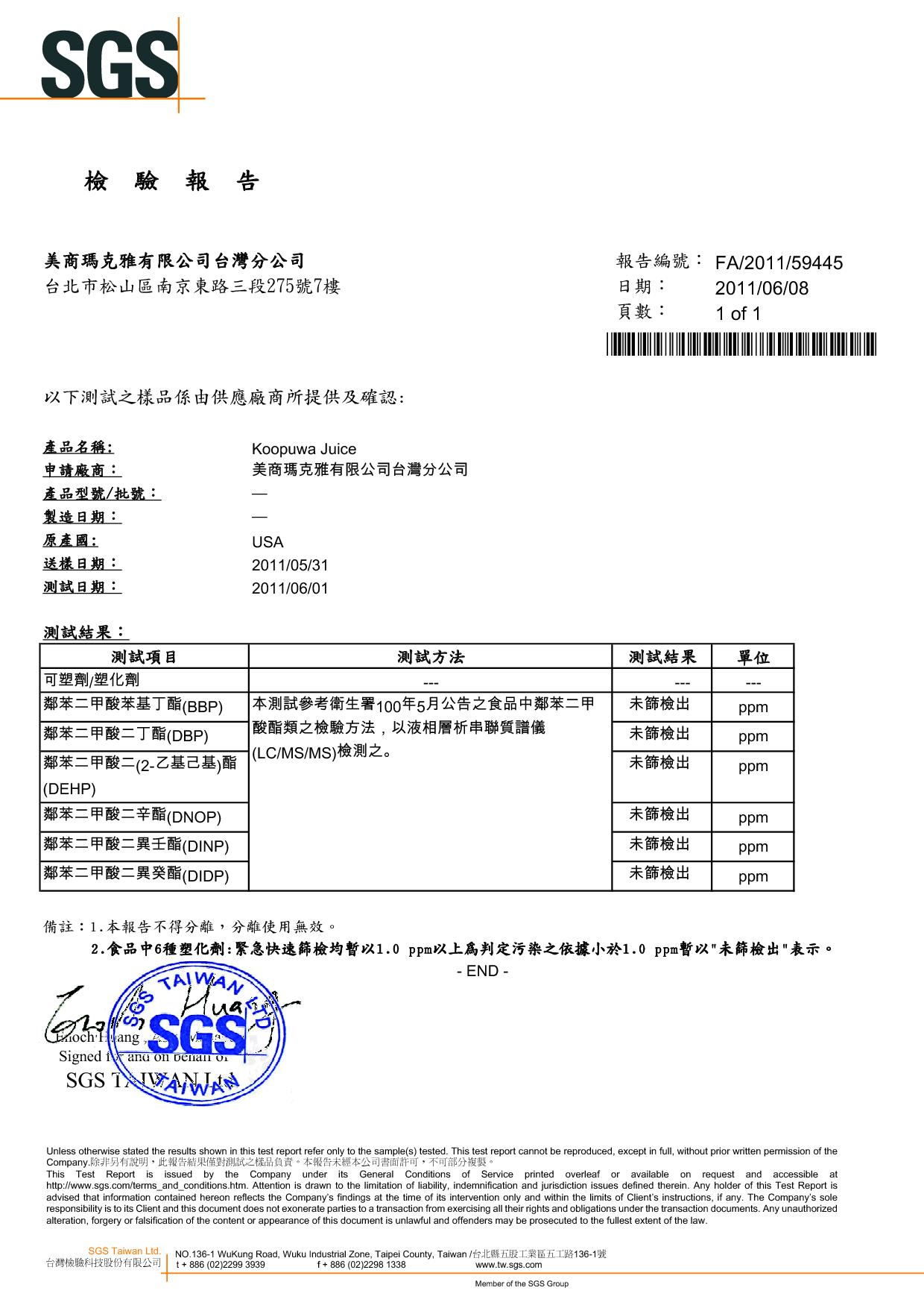 SGS檢驗報告