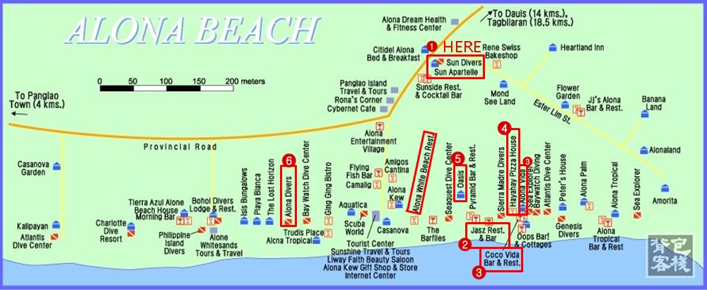 Alona Beach的詳細旅館圖