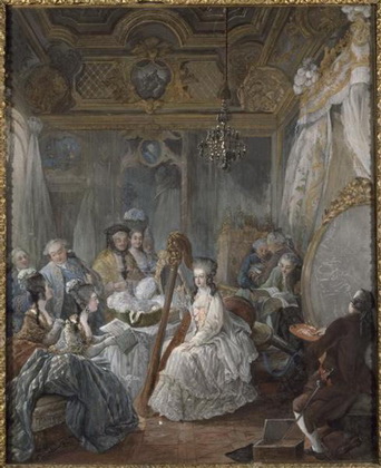 Marie Antoinette playing the Harp in her bedroom