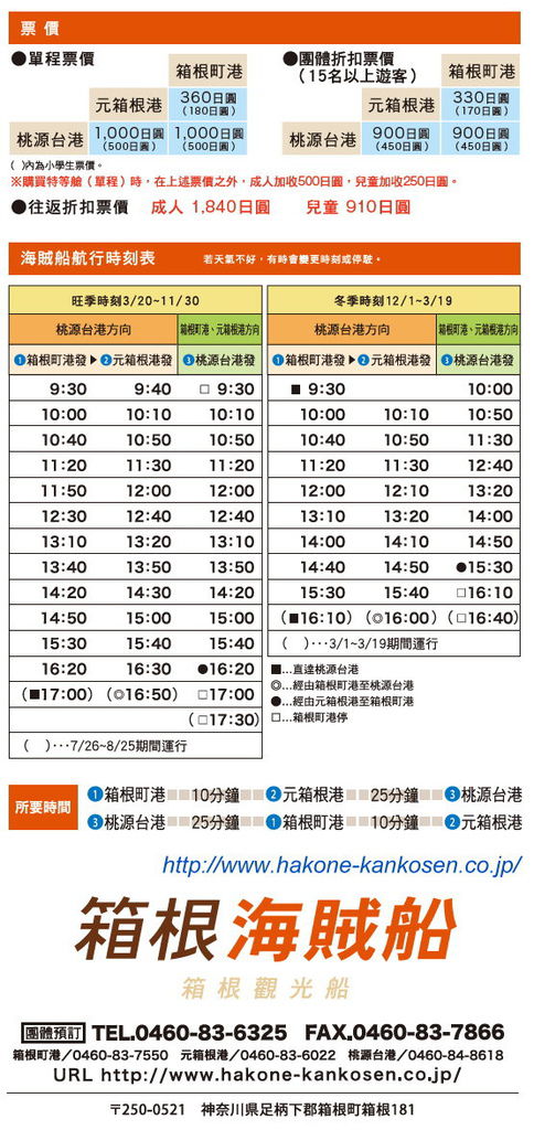 箱根海盜船時刻表