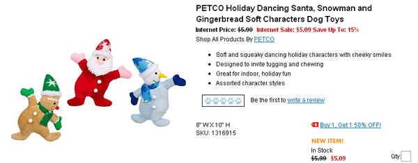 PETCO Holiday Dancing Santa, Snowman and Gingerbread Soft Characters Dog Toys  page.jpg