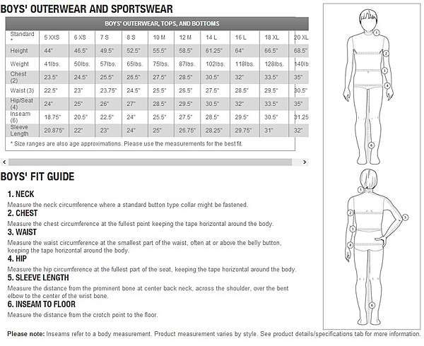 The north face shop size table