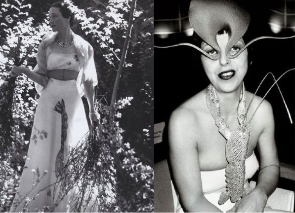 wallis-simpson-the-duchess-of-windsor-in-elsa-schiaparelli-s-lobster-dress-1937-and-isabella-blow-in-philip-treacy-right