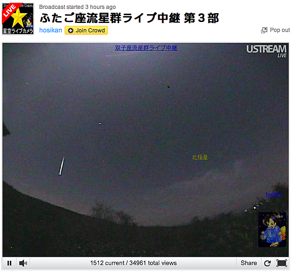 剛剛在網路上看雙子座流星雨live 看到兩顆流星 有一顆還讓我用螢幕快照照到了 太酷了 大家快來許願吧~~~~螢幕快照 2011-12-15 上午1.48.30 剛剛在網路上看雙子座流星雨live 看到兩顆流星 有一顆還讓我用螢幕快照照到了 太酷了 大家快來許願吧~~~~螢幕快照 2011-12-15 上午1.48.30