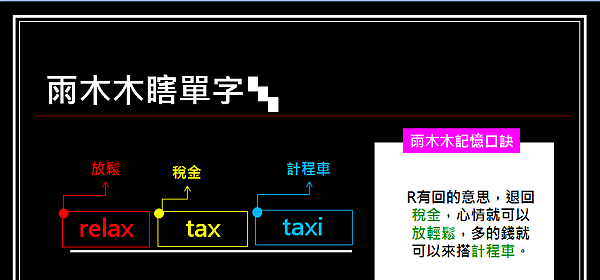 雨木木瞎單字~relax~tax~taxi