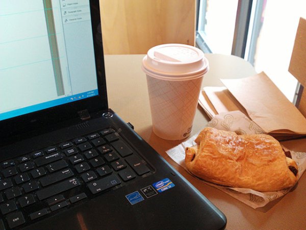 Working here this morning as well ... chocolate pastry and coffee