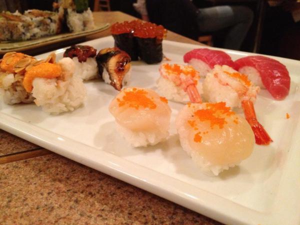 Nigiri - Scallop, Tuna, Ama-Ebi, Baby Scallop, Salmon Roe, and Eel