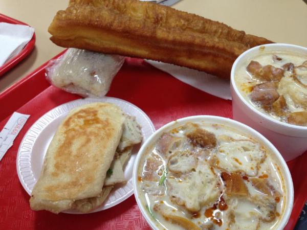 Pork Flapjack, Salted Soy Bean Milk, Twisted Crulier (yau teo), Salted Sticky Rice Ball