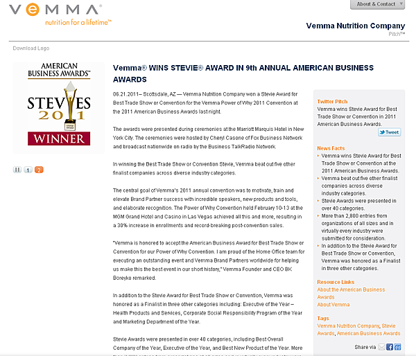 VemmaR WINS STEVIER AWARD IN 9th ANNUAL AMERICAN BUSINESS AWARDS Vemma Nutrition Company pitchengine.com VemmaR WINS STEVIER AWARD IN 9th ANNUAL AMERICAN BUSINESS AWARDS Vemma Nutrition Company pitchengine.com