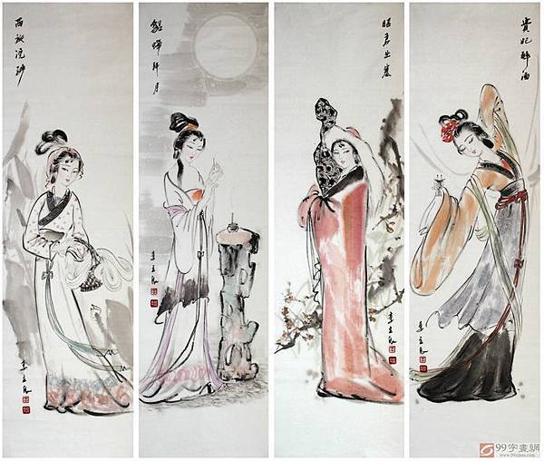 中國畫的四美圖：西施浣紗、昭君出塞、貂蟬拜月、貴妃醉酒，分別是指西施、王昭君、貂蟬、楊貴妃等美女