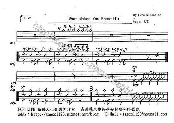 One Direction-What Makes You Beautiful 鼓譜 One Direction-What Makes You Beautiful 鼓譜