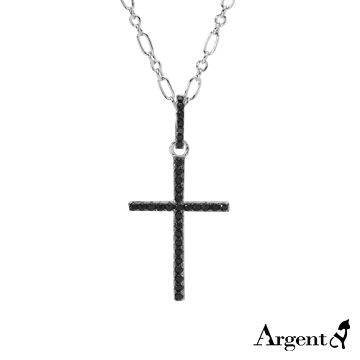 【ARGENT安爵銀飾精品】微鑲鉑銀閃亮系列「圓柱鑽十字(大)(黑鑽)(白K金)」純銀項鍊
 雙面可戴