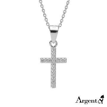 【ARGENT安爵銀飾精品】微鑲鉑銀閃亮系列「方柱鑽十字(中)(白鑽)(白K金)」純銀項鍊
 雙面可戴