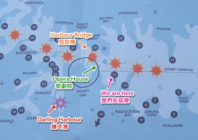 橘色是煙火施放點,藍色編號是看煙火的好景點,達令港也有自己的煙火 橘色是煙火施放點,藍色編號是看煙火的好景點,達令港也有自己的煙火