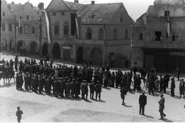 Historical square in Telč - year 1945