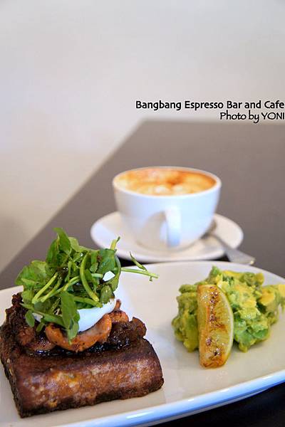 French toasted brioche topped with spicy onion jam, grilled chorizo, poached egg, watercress and a side of avocado & coriander crush (AUD 16.50) French toasted brioche topped with spicy onion jam, grilled chorizo, poached egg, watercress and a side of avocado & coriander crush (AUD 16.50)