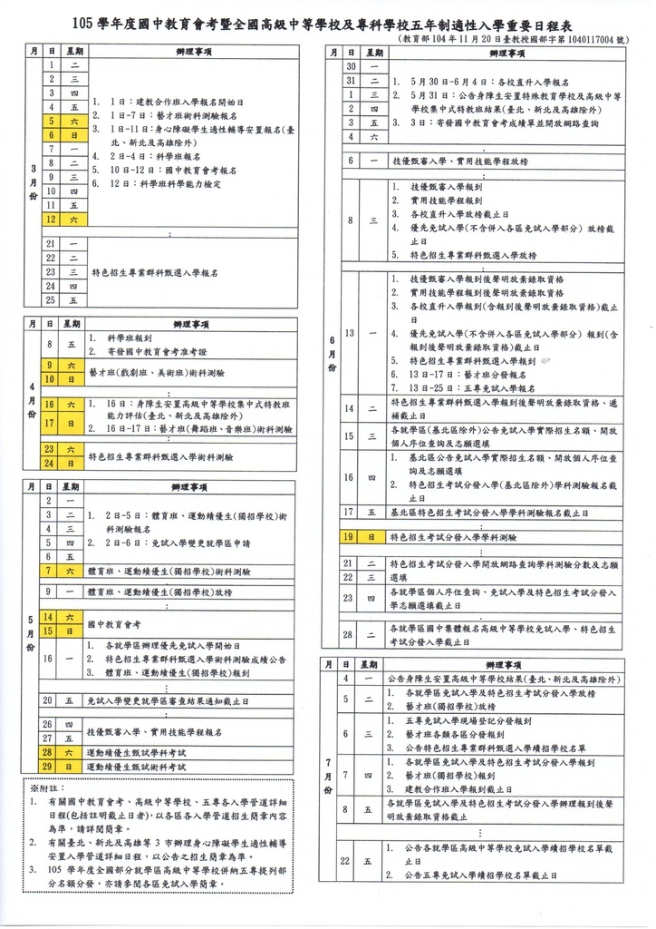 國高中五專日程表752