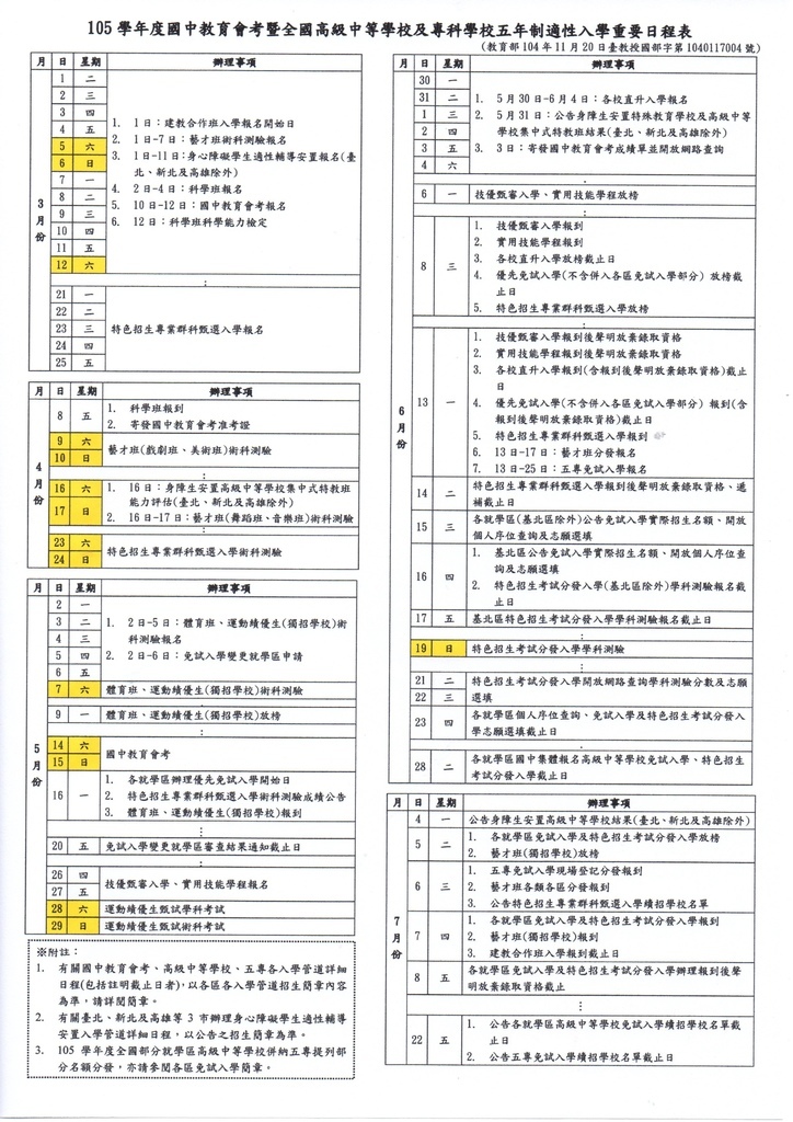 國高中五專日程表752